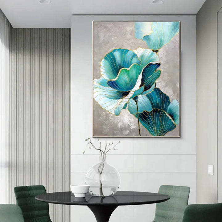 A modern dining room with a large painting of blue flowers hanging on the wall.