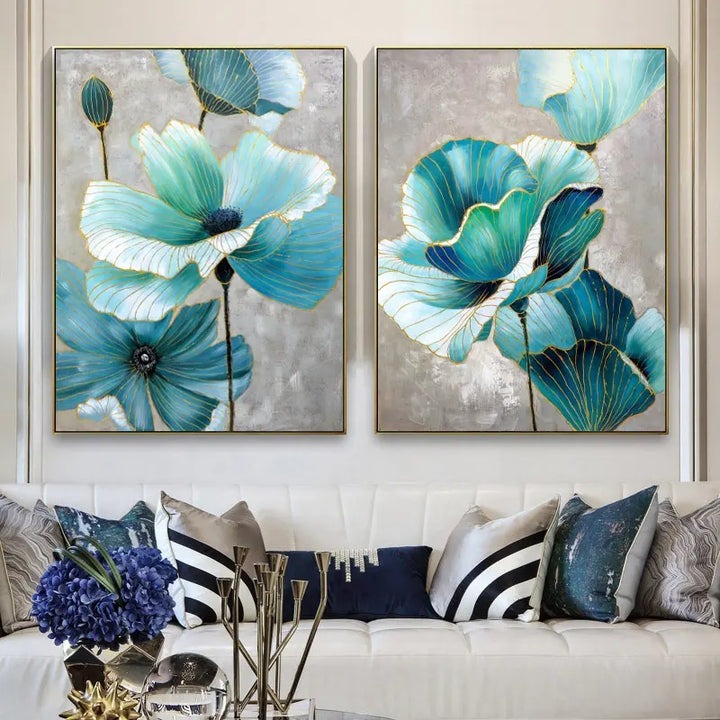 Two blue flowers on a wall in a living room: a vibrant display of delicate blossoms adding color to the room.