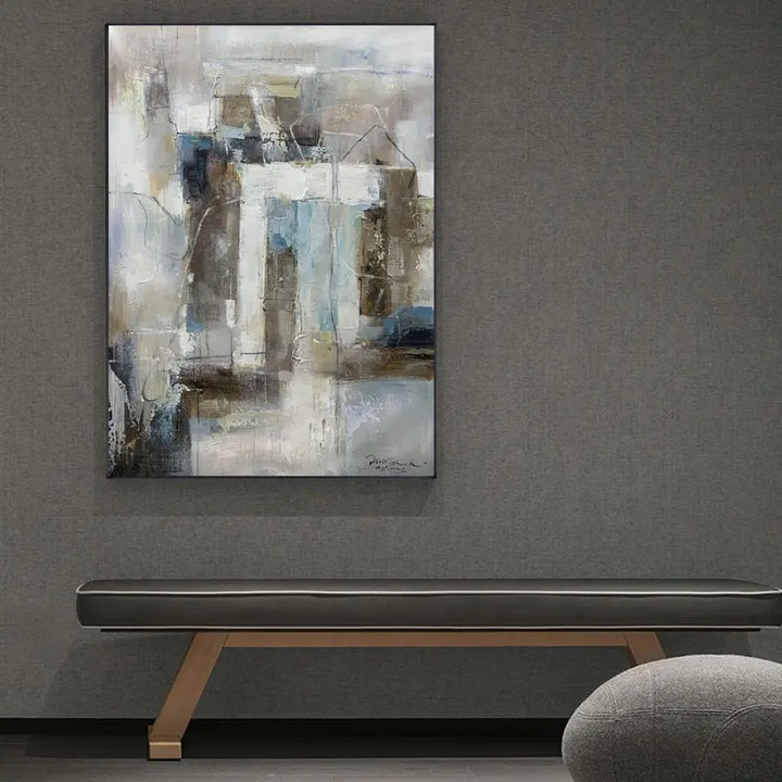 Abstract painting in modern living room. Vibrant colors and bold brushstrokes create a captivating visual experience.