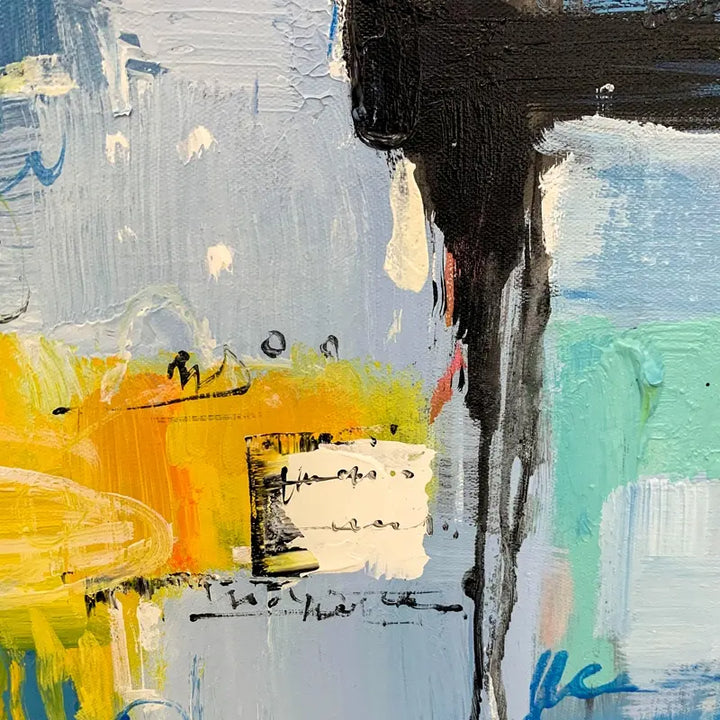 An abstract painting featuring vibrant blue, yellow, and black colors.