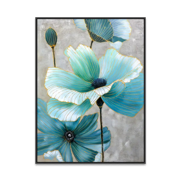 A painting of blue flowers on a gray wall, showcasing vibrant blooms against a muted backdrop.