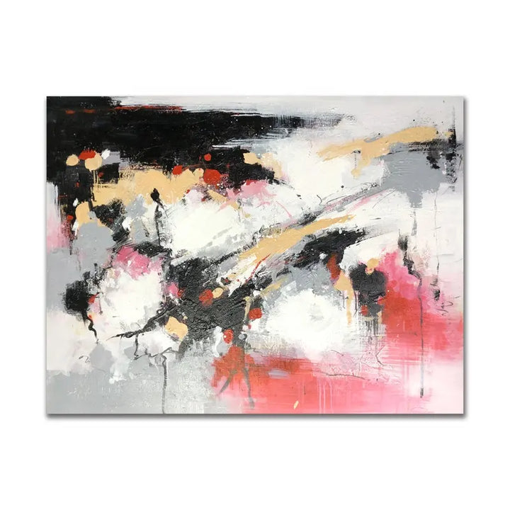 An abstract painting featuring black, white, and red colors, showcasing a unique blend of hues and shapes.