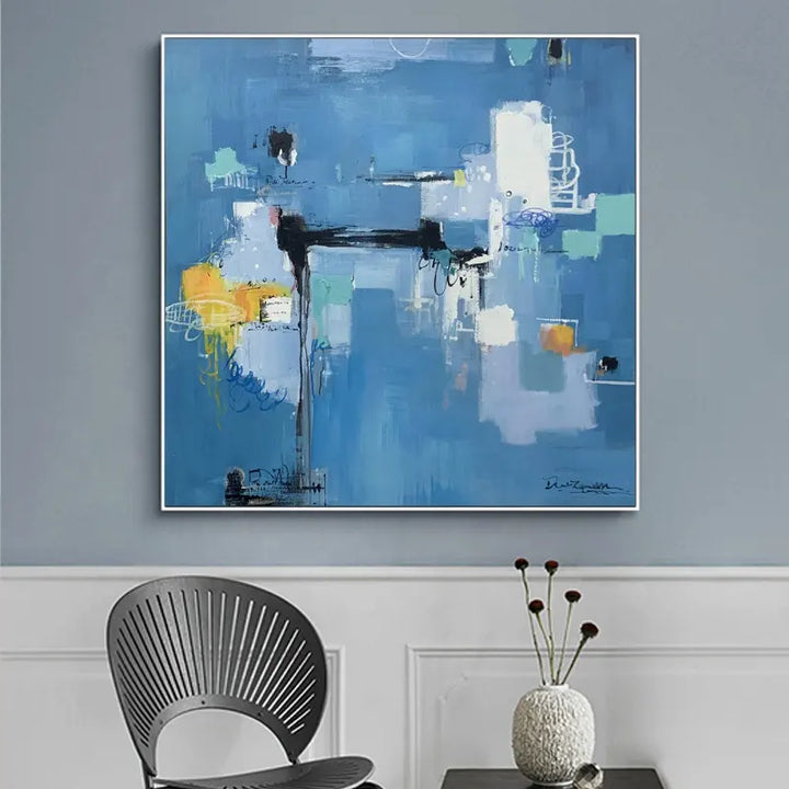 Abstract painting on canvas in a modern living room: Vibrant colors and bold brushstrokes create a captivating and contemporary art piece.