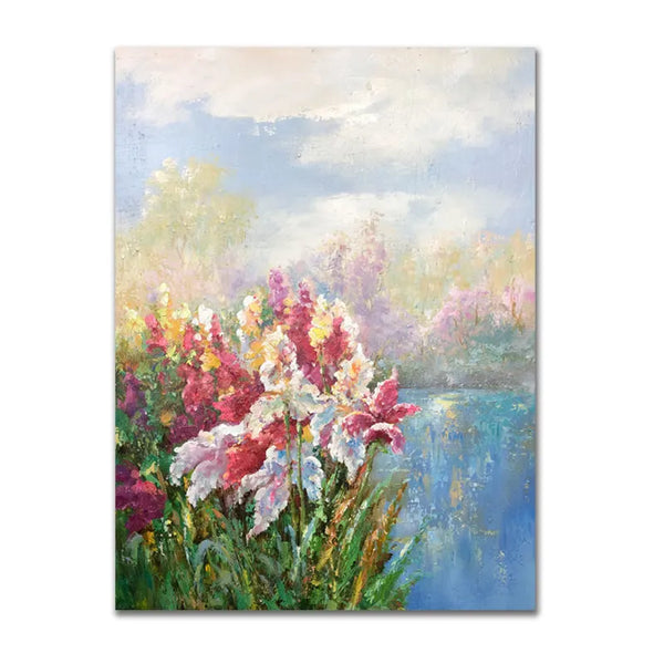 An oil painting of flowers by the water, showcasing vibrant blooms against a serene backdrop.