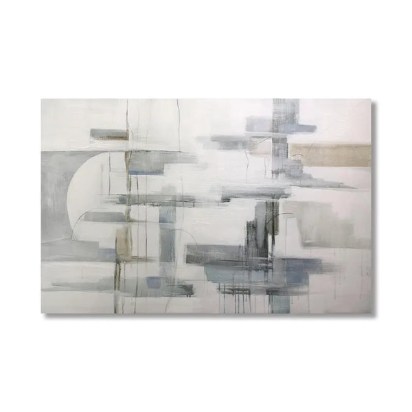 An abstract painting on canvas with a blend of white and gray tones, showcasing a unique artistic expression.