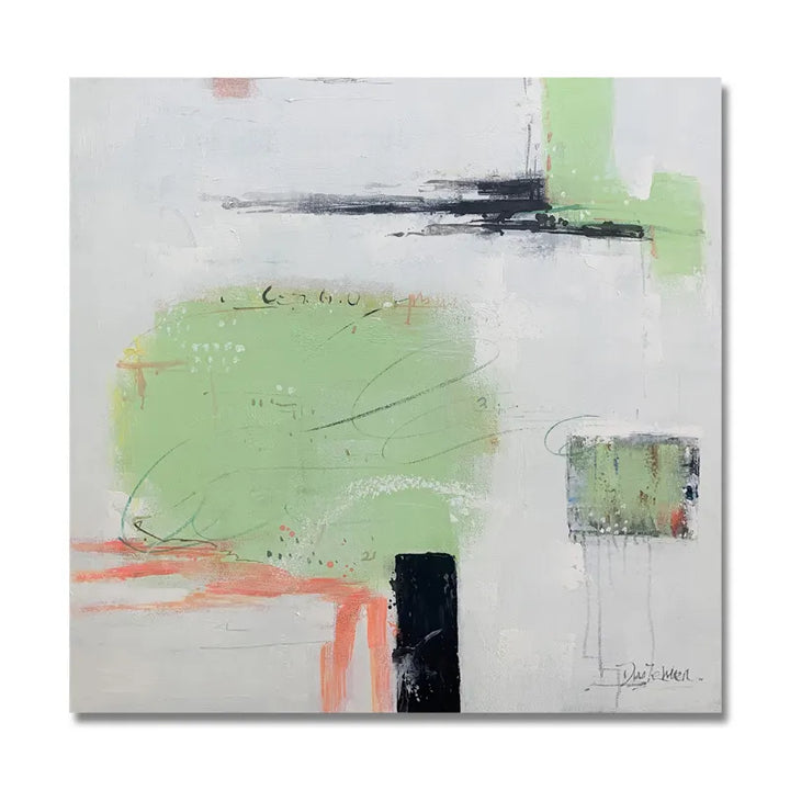 An abstract painting featuring a blend of green, white, and black colors, creating a visually captivating composition.