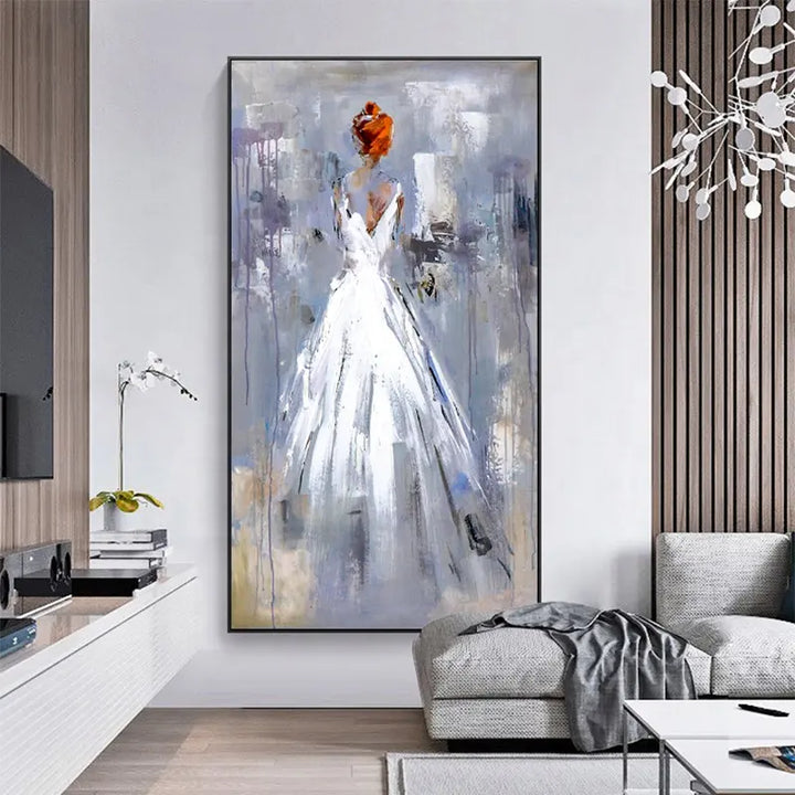 Modern abstract painting of a woman in a white dress, showcasing elegance and contemporary artistry.