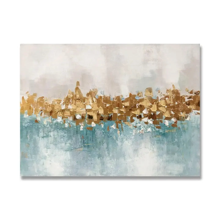 An abstract painting featuring gold and blue tones, showcasing a captivating blend of colors and textures.