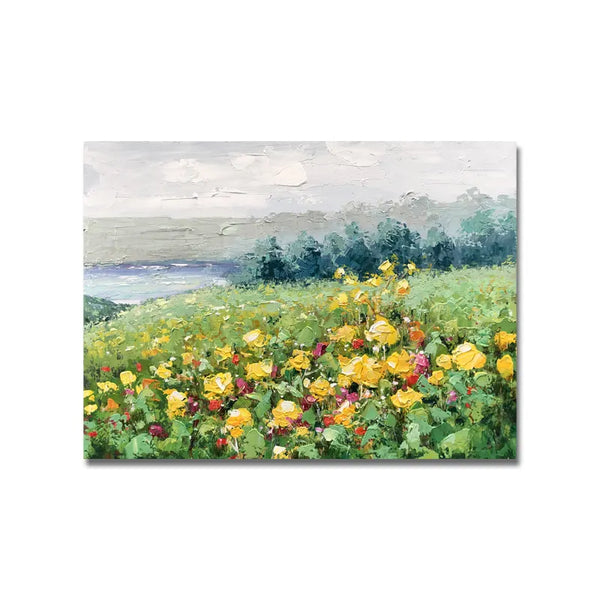 A vibrant painting of yellow flowers blooming on a lush green field, creating a picturesque scene.