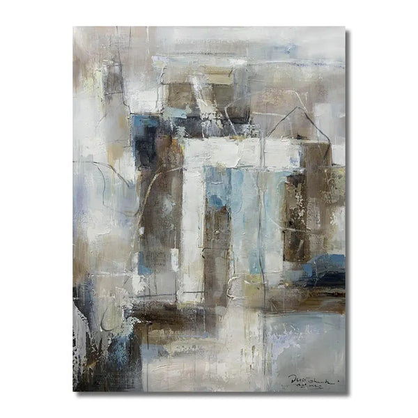 An abstract painting on canvas with a blend of white and brown tones, showcasing a unique artistic expression.