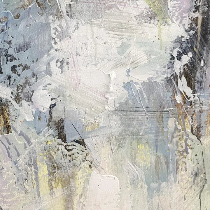 An abstract painting featuring a blend of white and gray colors, creating a visually captivating composition.