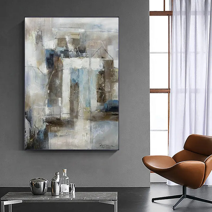 An abstract painting adorns a living room, adding an artistic touch to the space.