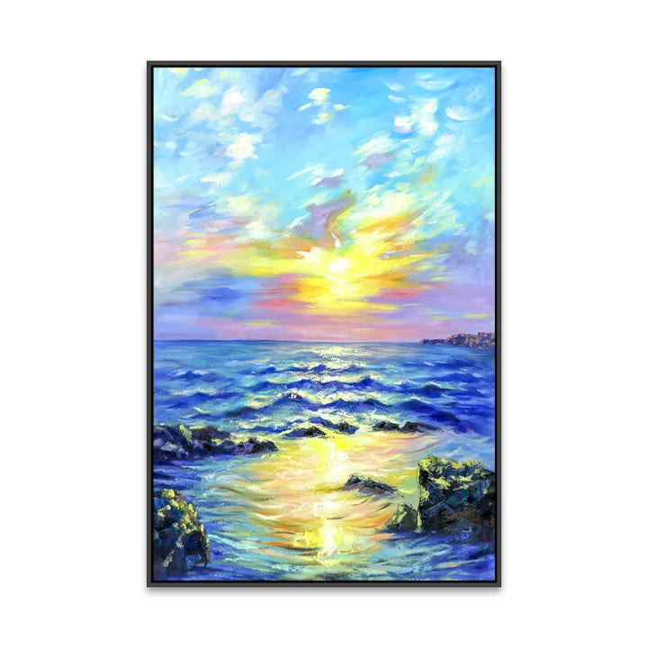 A serene painting capturing the sun setting over the ocean, creating a beautiful blend of warm colors and a peaceful atmosphere.