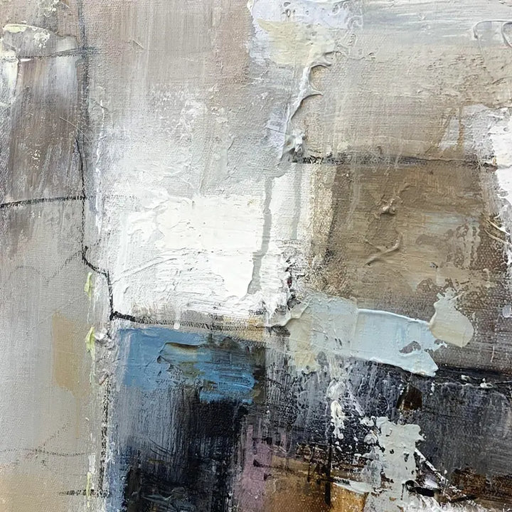 Abstract painting with white, blue, and brown colors blending harmoniously in a captivating composition.