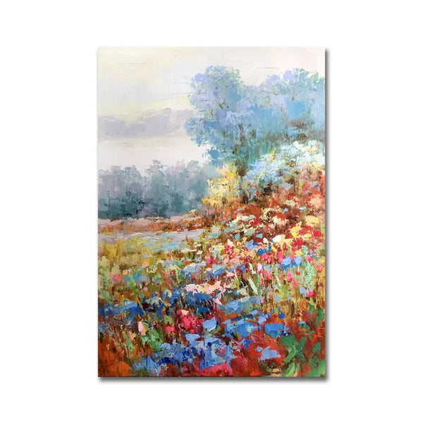 An abstract painting showcasing vibrant flowers blooming in a scenic field.