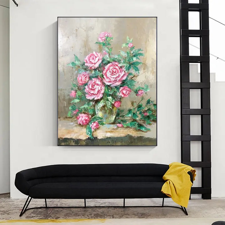 A painting of pink roses in a vase on a wall, showcasing the delicate beauty of nature's floral artistry.