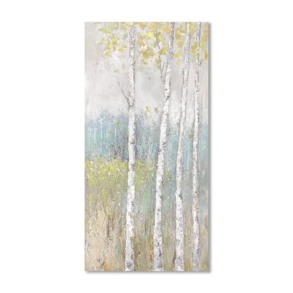 A painting of birch trees on a white background, showcasing the elegance and simplicity of nature.