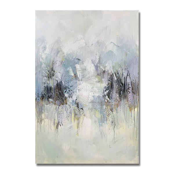 An abstract painting featuring a blend of white and blue tones, creating a visually captivating composition.