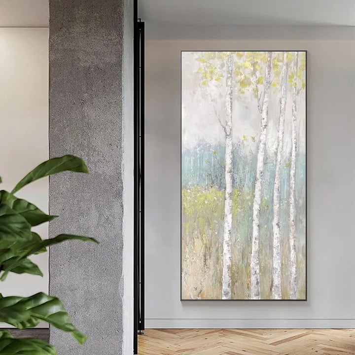 A painting of birch trees in a room, showcasing the serene beauty of nature indoors.