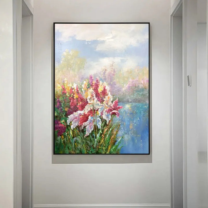 A vibrant painting of flowers adorning a hallway, adding a touch of color and beauty to the space.