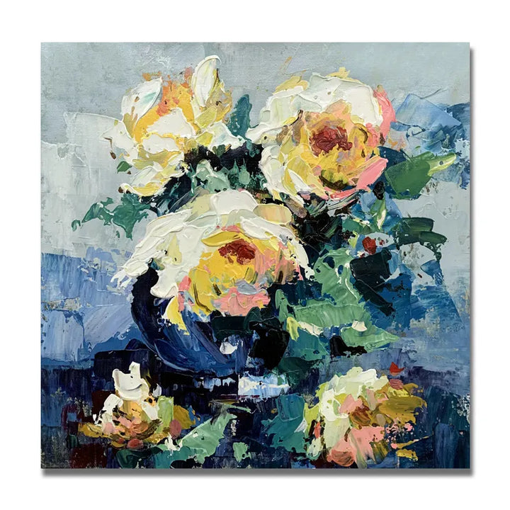 A vibrant painting of yellow roses arranged in a blue vase, showcasing the beauty of nature's colors.