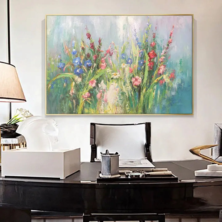 A colorful floral painting adorns the wall of a home office, adding vibrancy and beauty to the workspace.