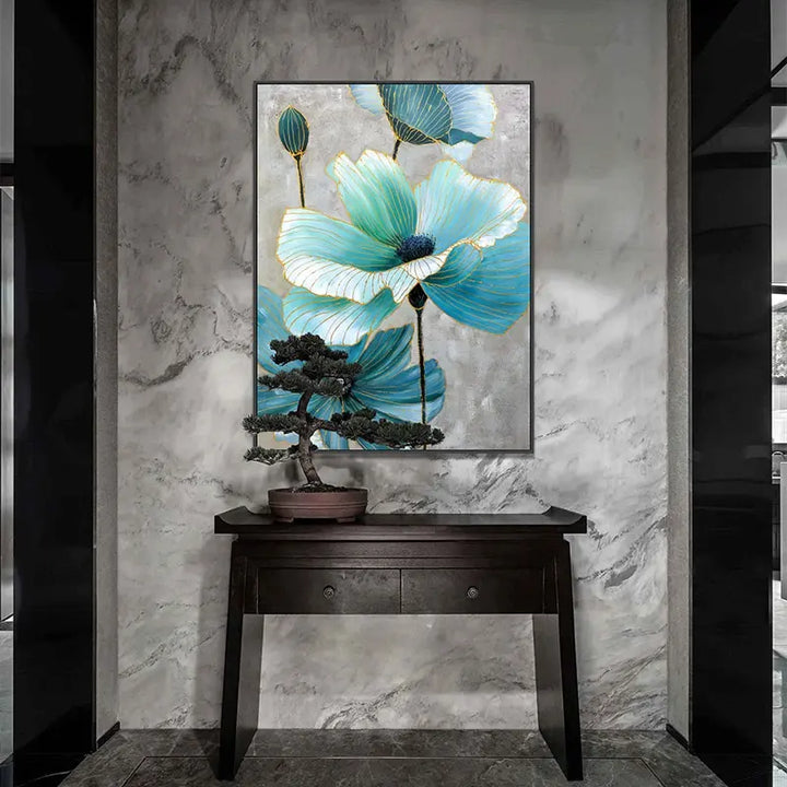 A modern home showcases a large painting of blue flowers, adding a vibrant touch to the decor.