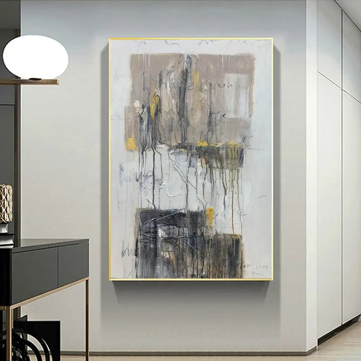 A modern living room with a large abstract painting hanging on the wall.