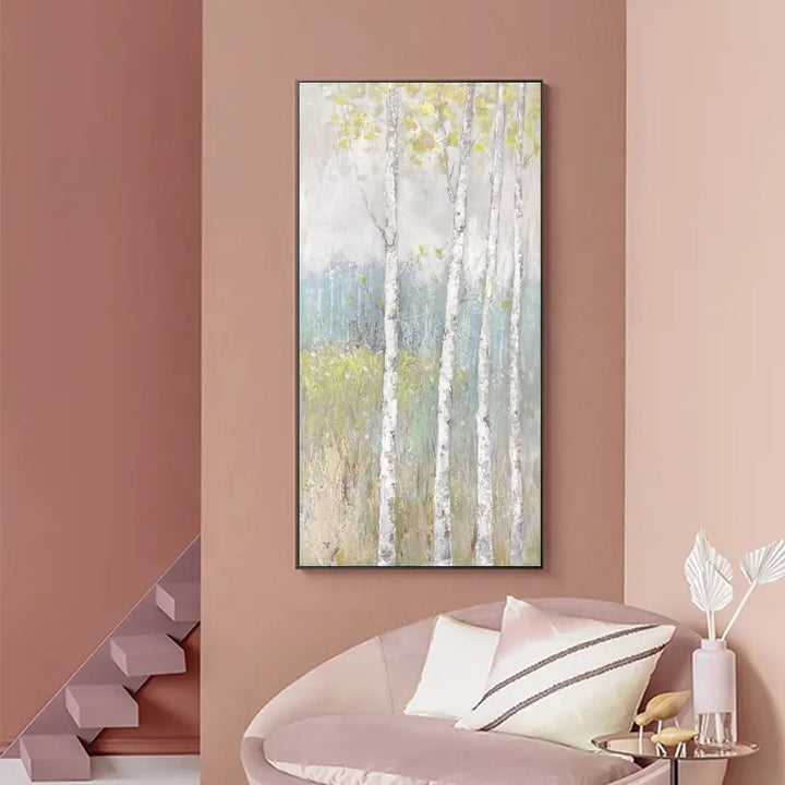 A painting of a birch tree standing tall in a pink room, showcasing the delicate beauty of nature.