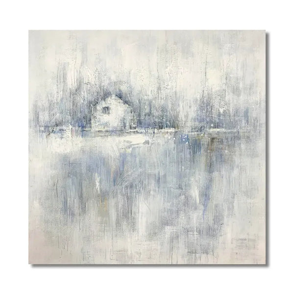 An abstract painting featuring a blend of white and blue tones, creating a visually captivating composition.