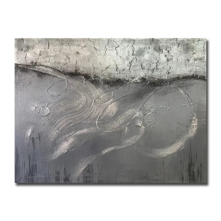 An abstract painting on canvas with a gray background, showcasing unique shapes and colors.