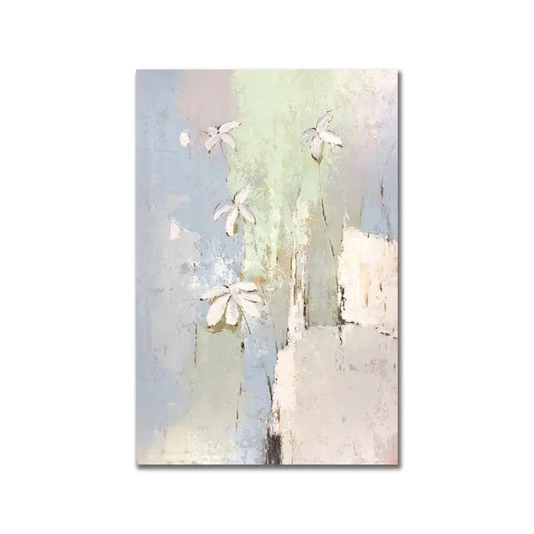 An abstract painting featuring white flowers against a blue background.