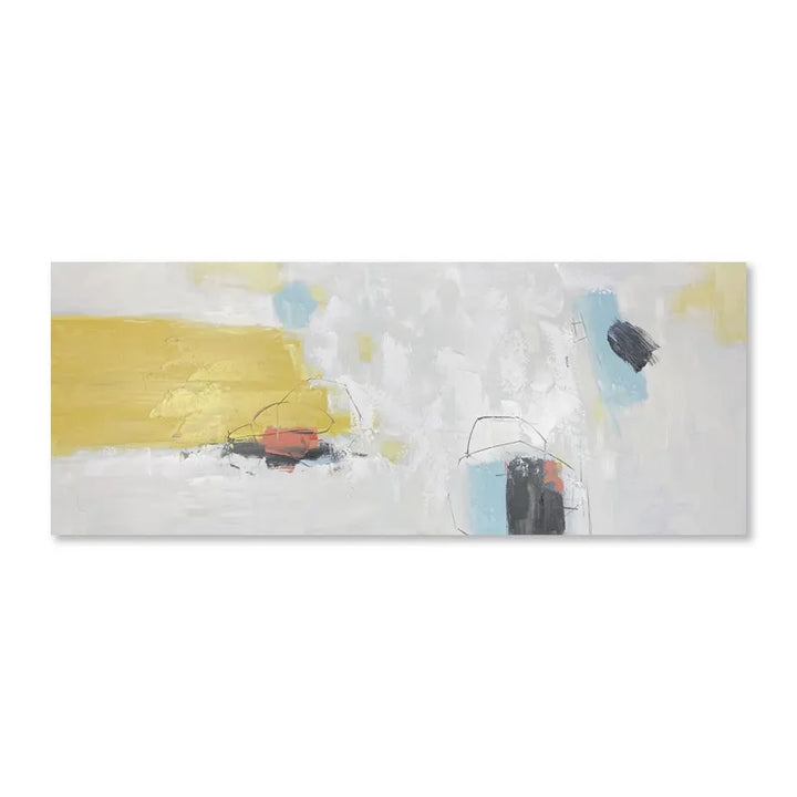 An abstract painting featuring vibrant yellow, blue, and white colors.