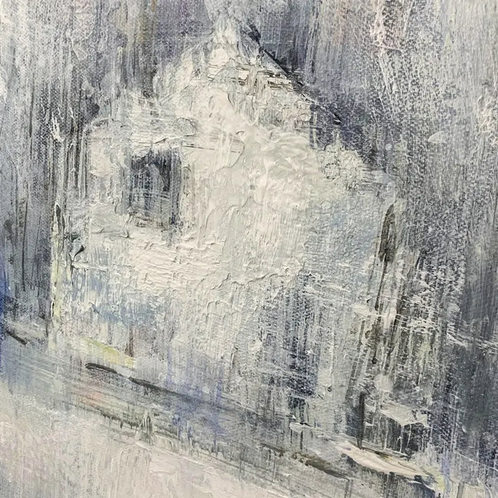 An abstract painting of a snow-covered house, showcasing the beauty and tranquility of winter.