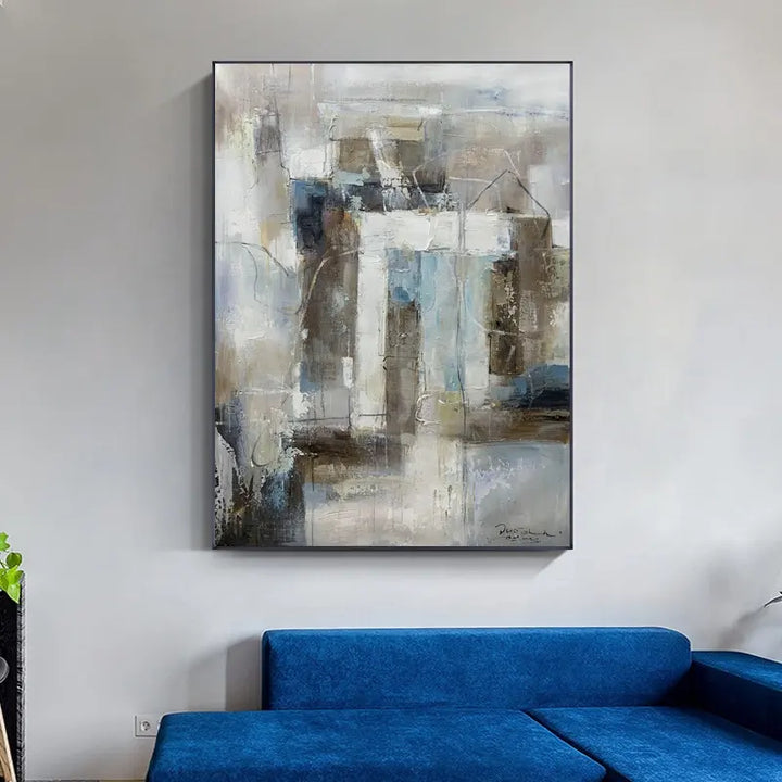 Abstract painting on canvas adds a vibrant touch to the living room decor, creating a visually captivating focal point.