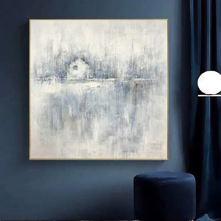 A blue and white house painting displayed in a room, showcasing the artist's skill and attention to detail.