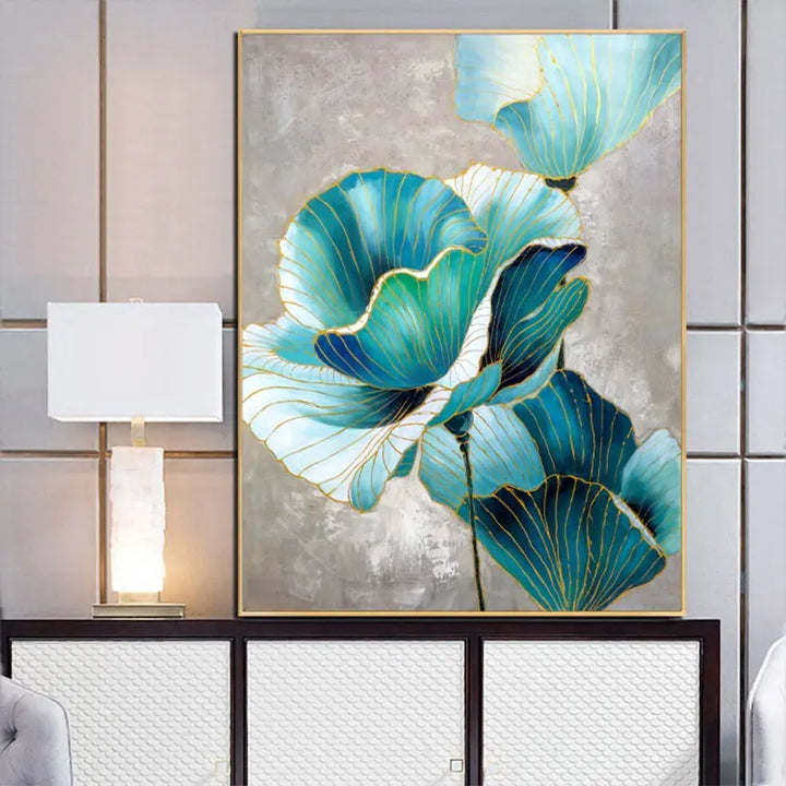 A vibrant painting of blue flowers adorns a living room, adding a touch of color and nature to the space.