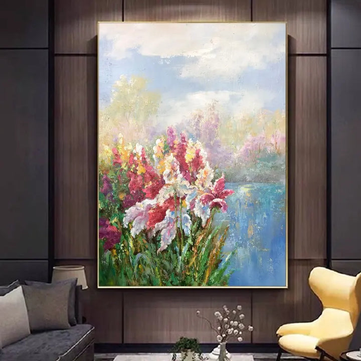 A vibrant painting of flowers adorns a cozy living room, adding a touch of nature's beauty to the space.