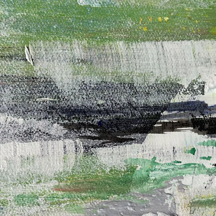 An abstract painting of a serene green field and trees, capturing the beauty of nature in a unique way.